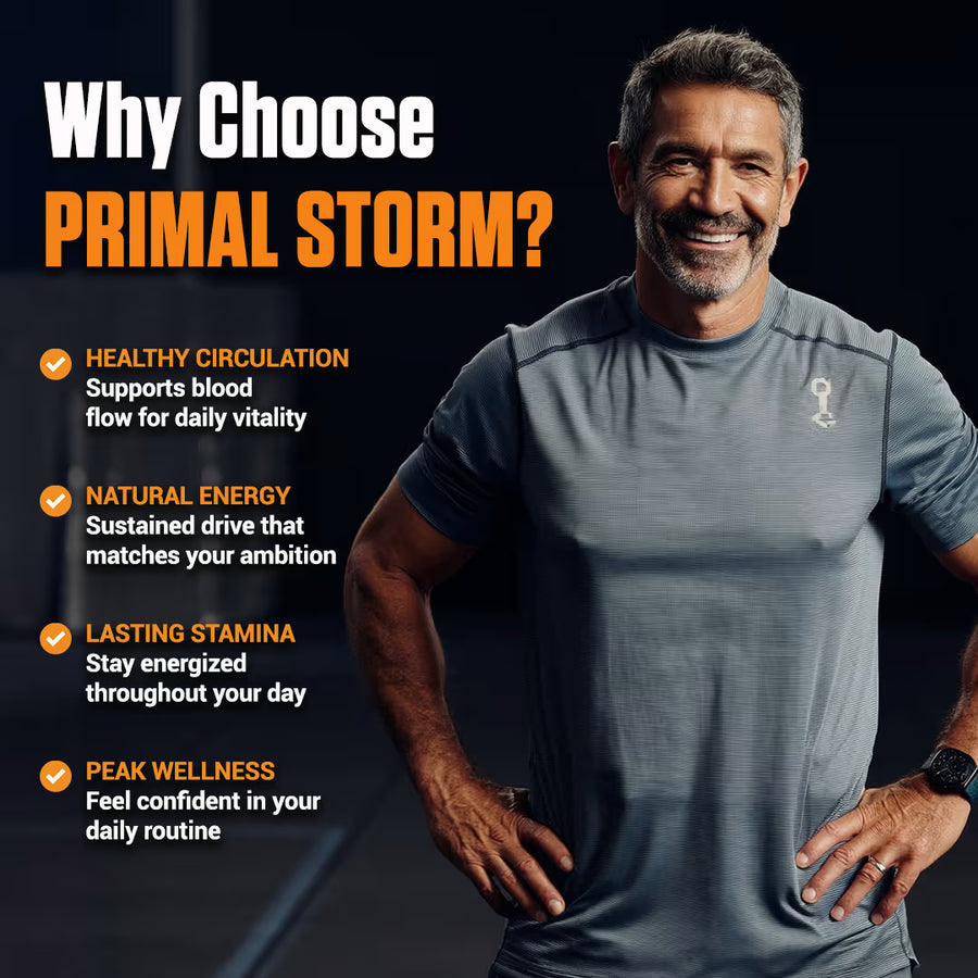 Fit man in a grey tee with the reasons men choose Primal Storm