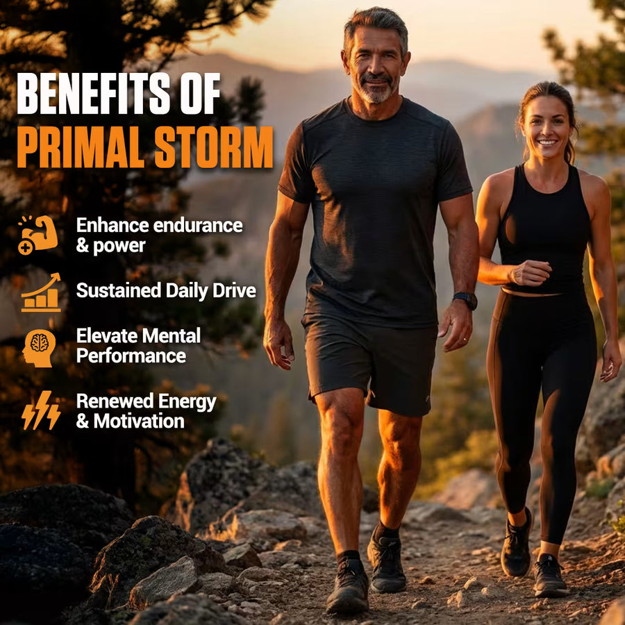 Couple hiking a mountain trail at sunset with Primal Storm benefits